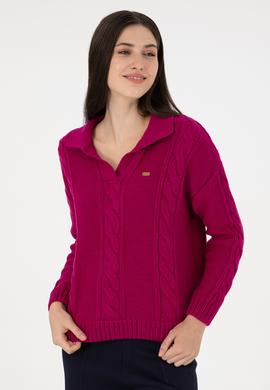 Kadın Fuşya Polo Yaka Kazak - 50291574004