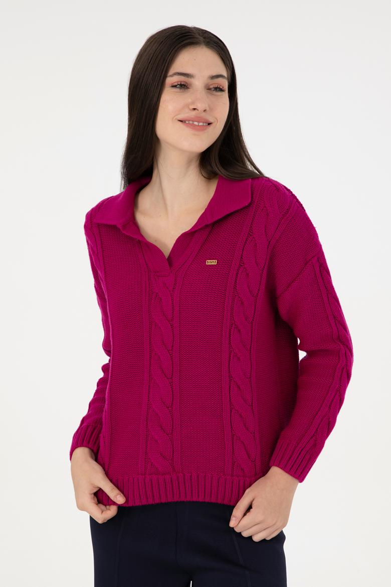 Kadın Fuşya Polo Yaka Kazak - 50291574004