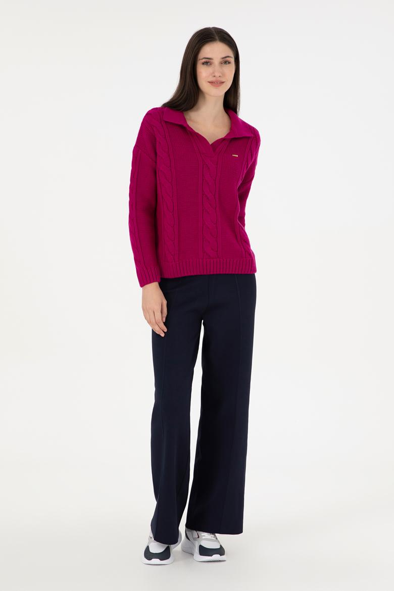 Kadın Fuşya Polo Yaka Kazak - 50291574004