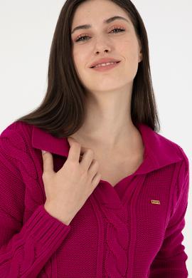 Kadın Fuşya Polo Yaka Kazak - 50291574004
