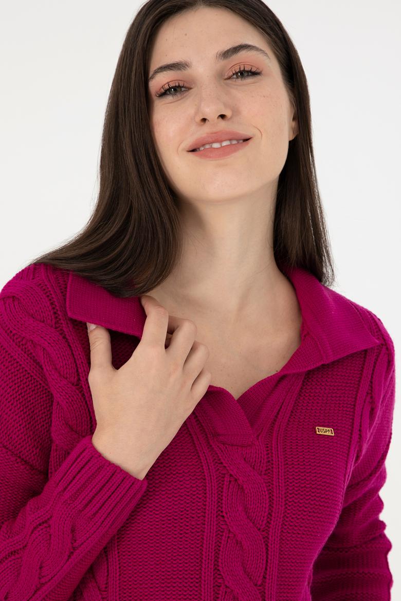 Kadın Fuşya Polo Yaka Kazak - 50291574004