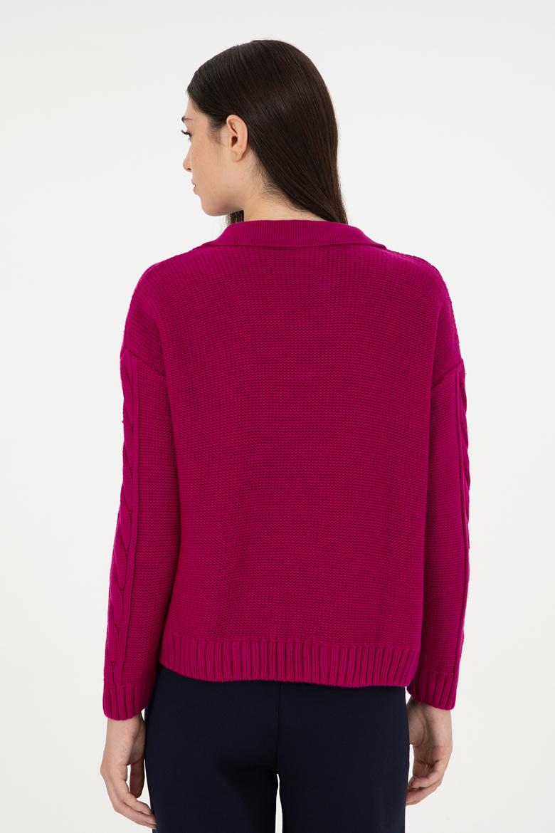 Kadın Fuşya Polo Yaka Kazak - 50291574004