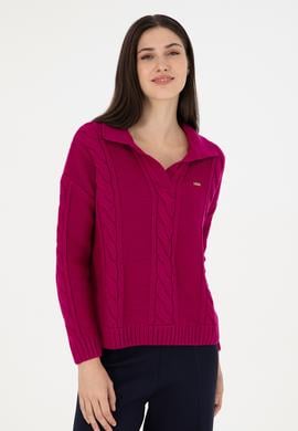 Kadın Fuşya Polo Yaka Kazak - 50291574004