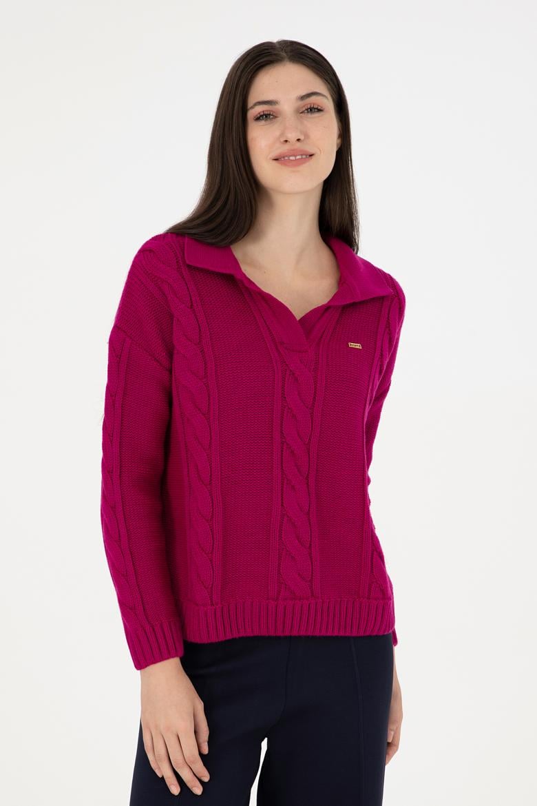 Kadın Fuşya Polo Yaka Kazak