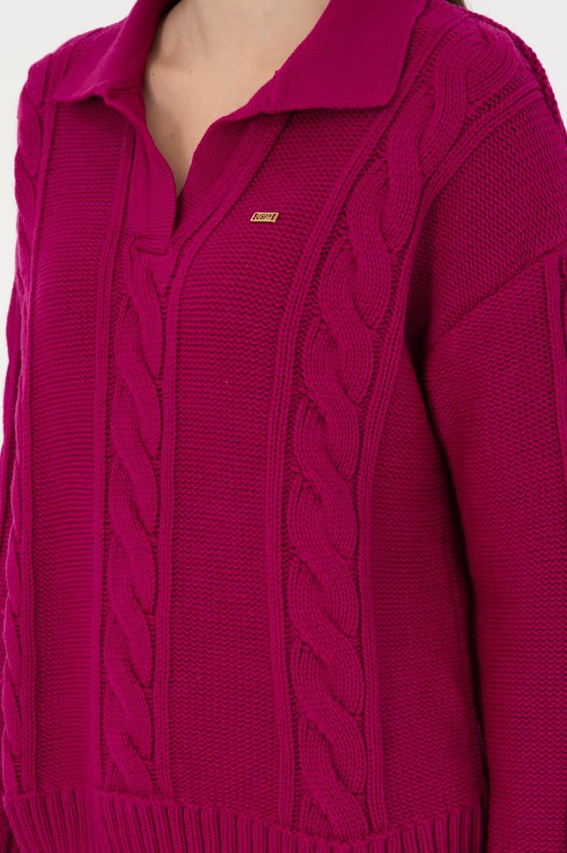 Kadın Fuşya Polo Yaka Kazak