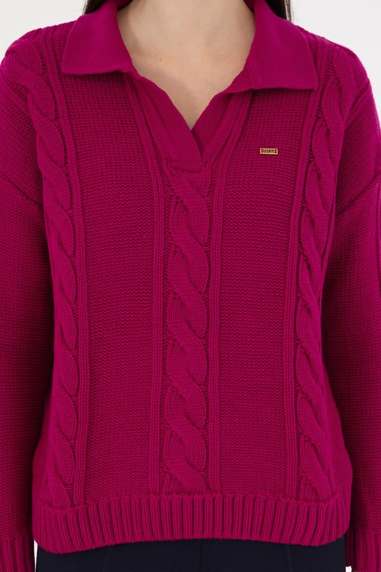 Kadın Fuşya Polo Yaka Kazak - 50291574004