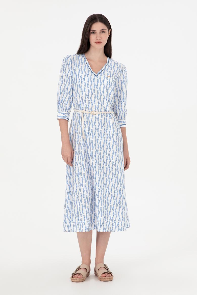 Kadın Koyu Mavi Midi Boy Dokuma Elbise