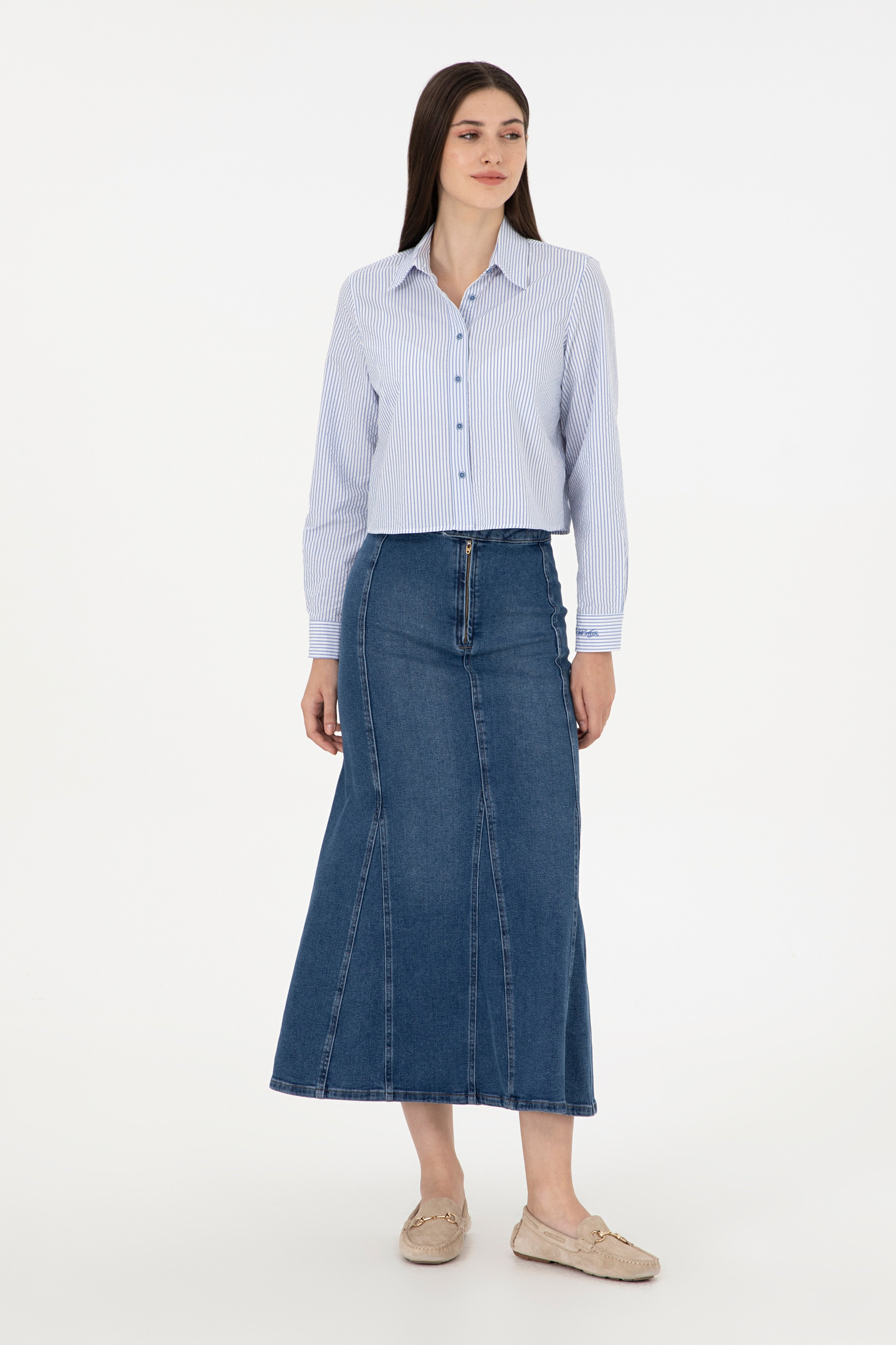 Kadın Mavi Maxi Boy Jean Etek - Image 1