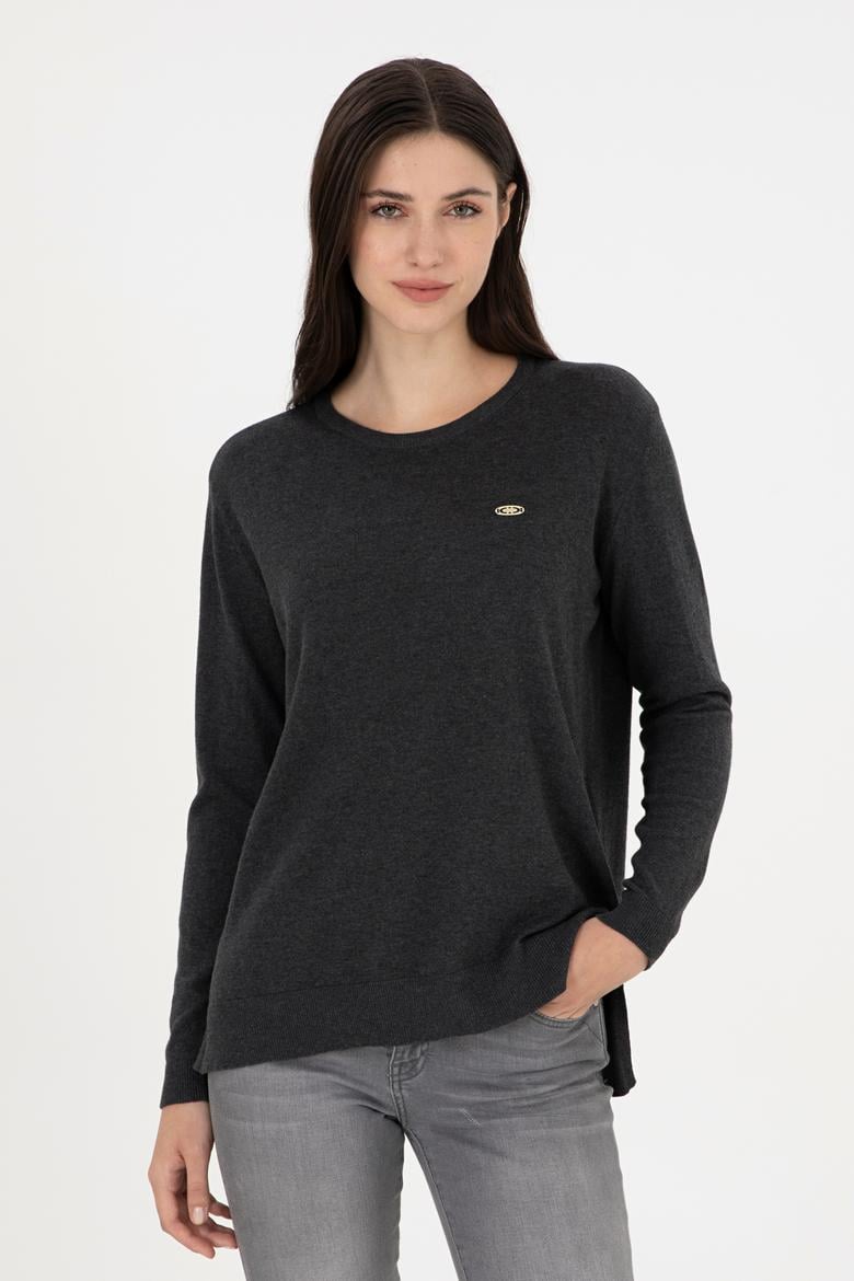 Kadın Antrasit Melanj Basic Bisiklet Yaka Kazak