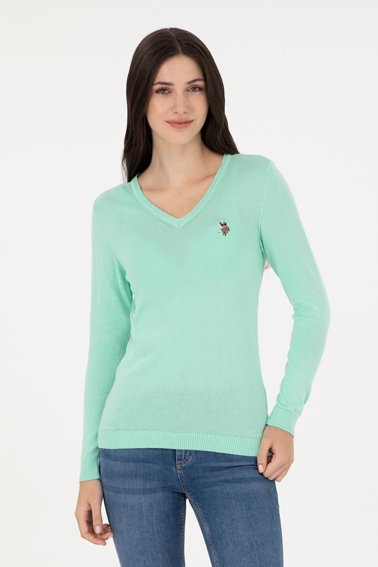 Kadın Mint Basic V Yaka Kazak