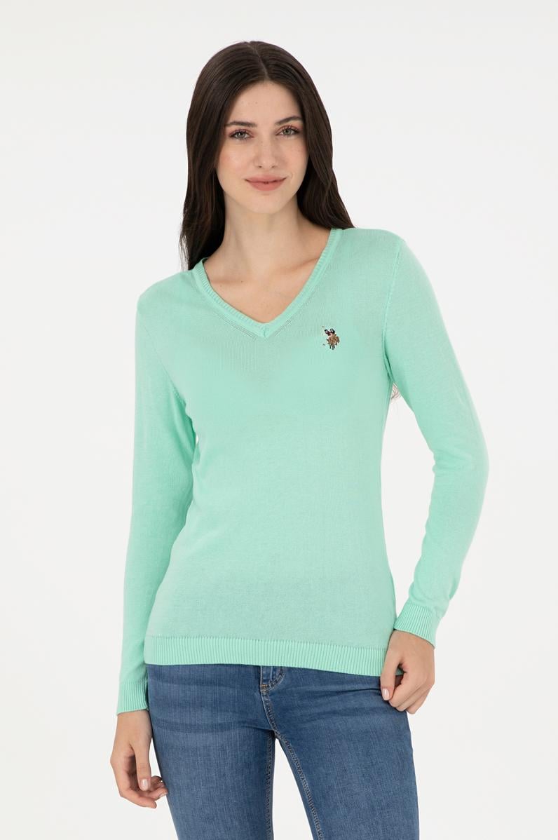 Kadın Mint Basic V Yaka Kazak