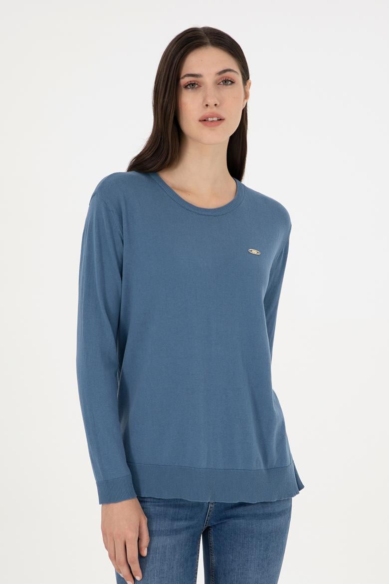 Kadın Koyu Mavi Basic Bisiklet Yaka Kazak