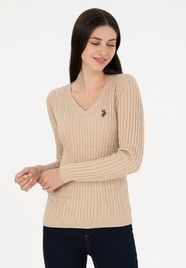 Kadın Kum Melanj V Yaka Basic Kazak - 50288992098