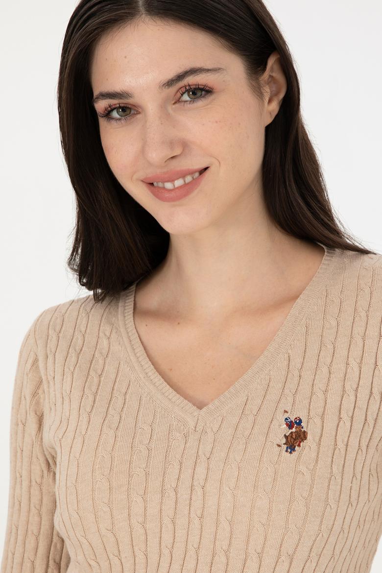 Kadın Kum Melanj V Yaka Basic Kazak - 50288992098