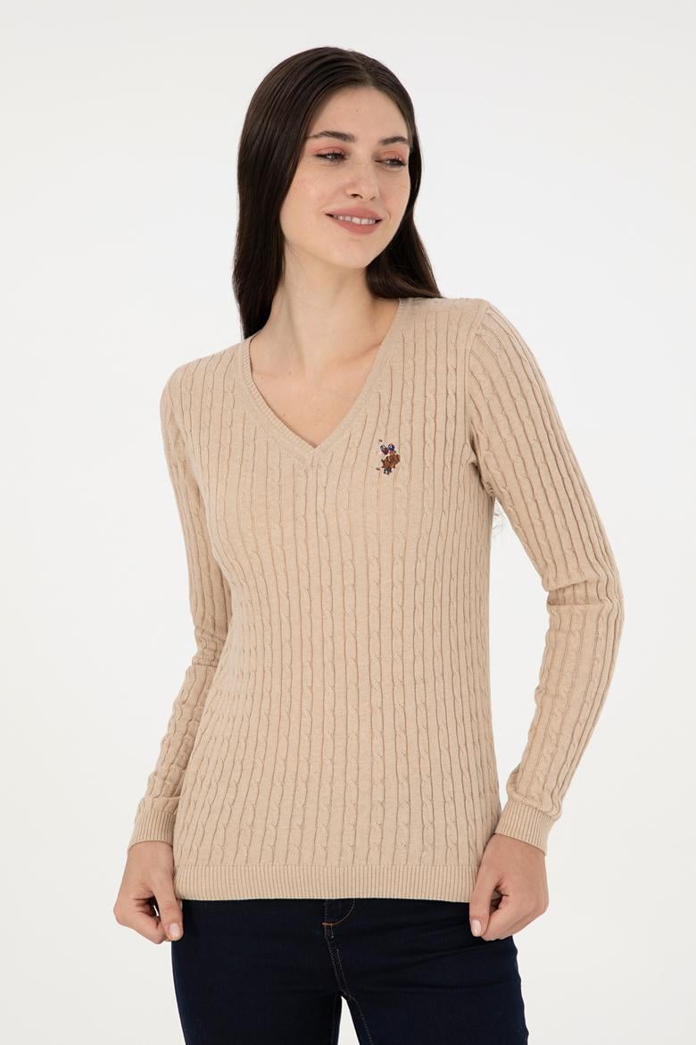 Kadın Kum Melanj V Yaka Basic Kazak - 50288992098