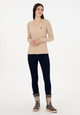 Kadın Kum Melanj V Yaka Basic Kazak - 50288992098