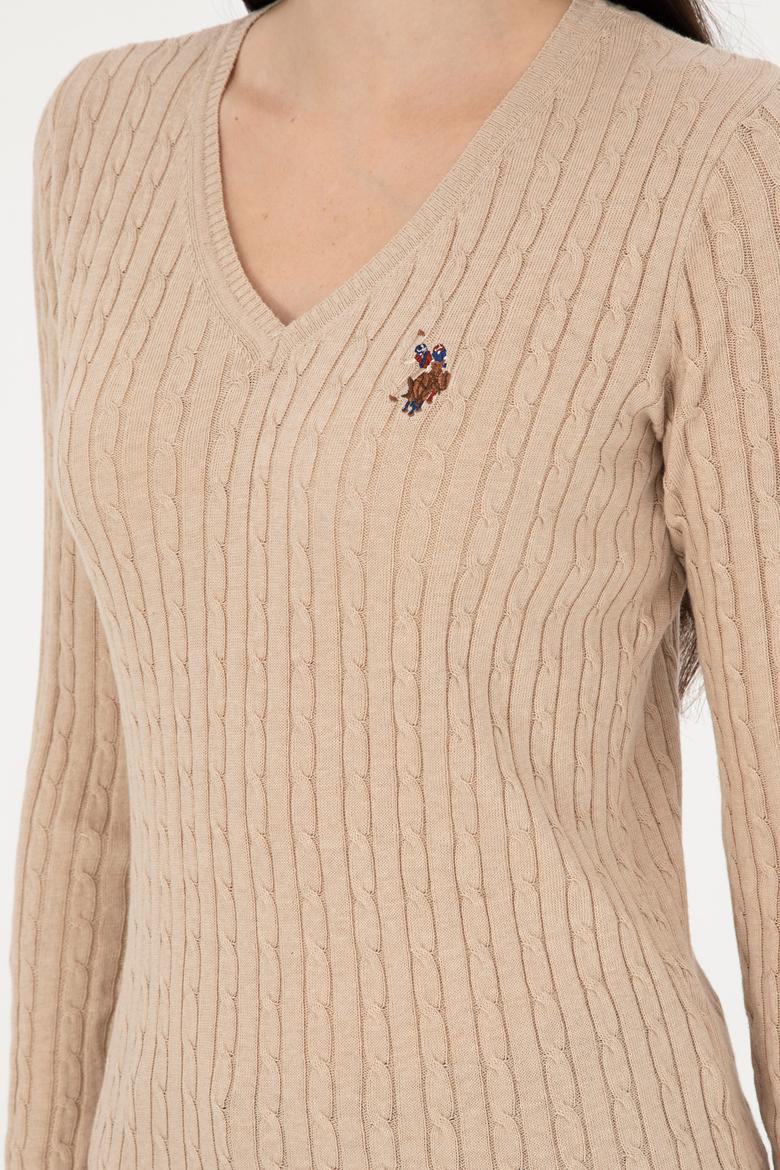 Kadın Kum Melanj V Yaka Basic Kazak - 50288992098