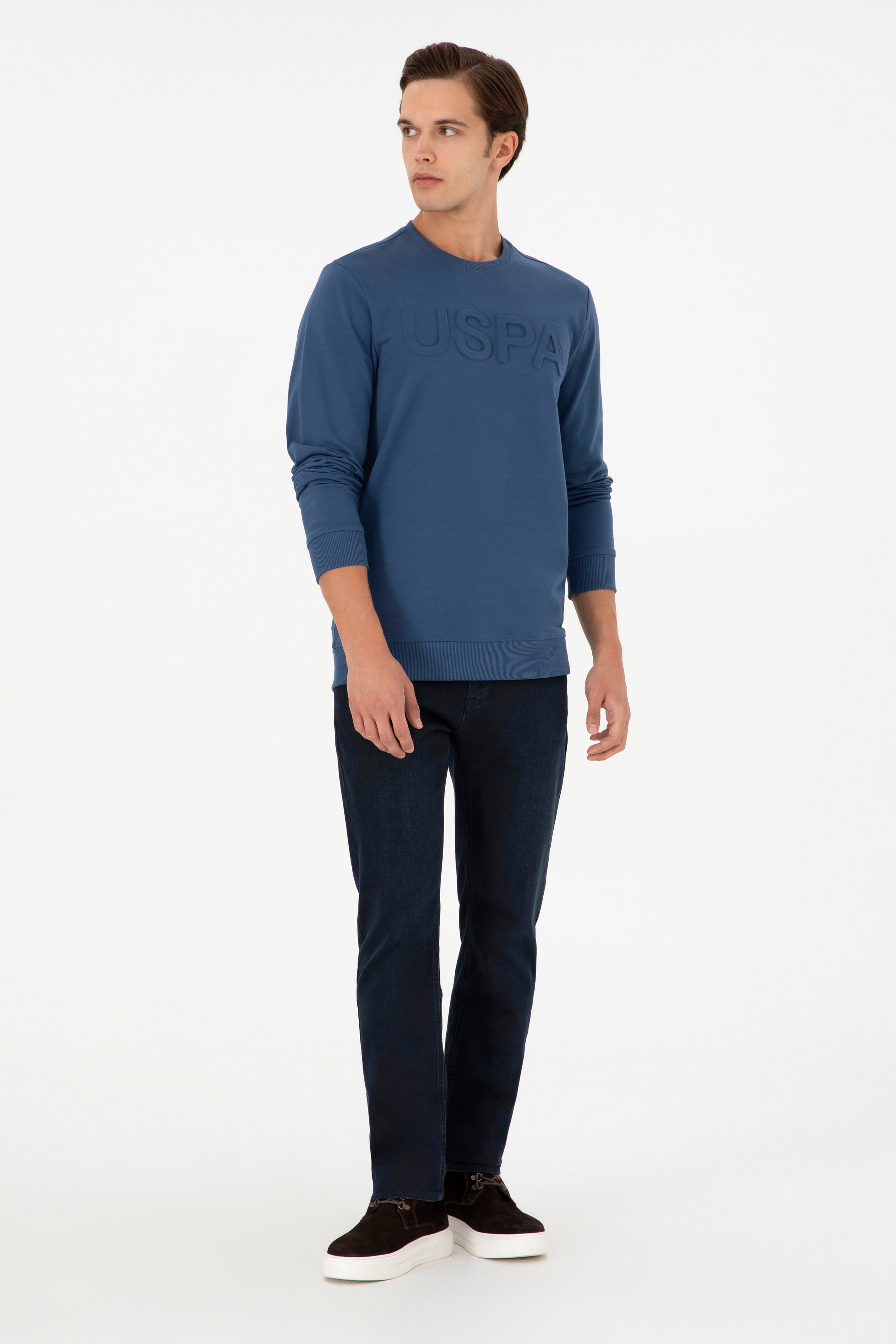 Erkek Regular Fit Bisiklet Yaka İndigo Basic Sweatshirt - Image 4