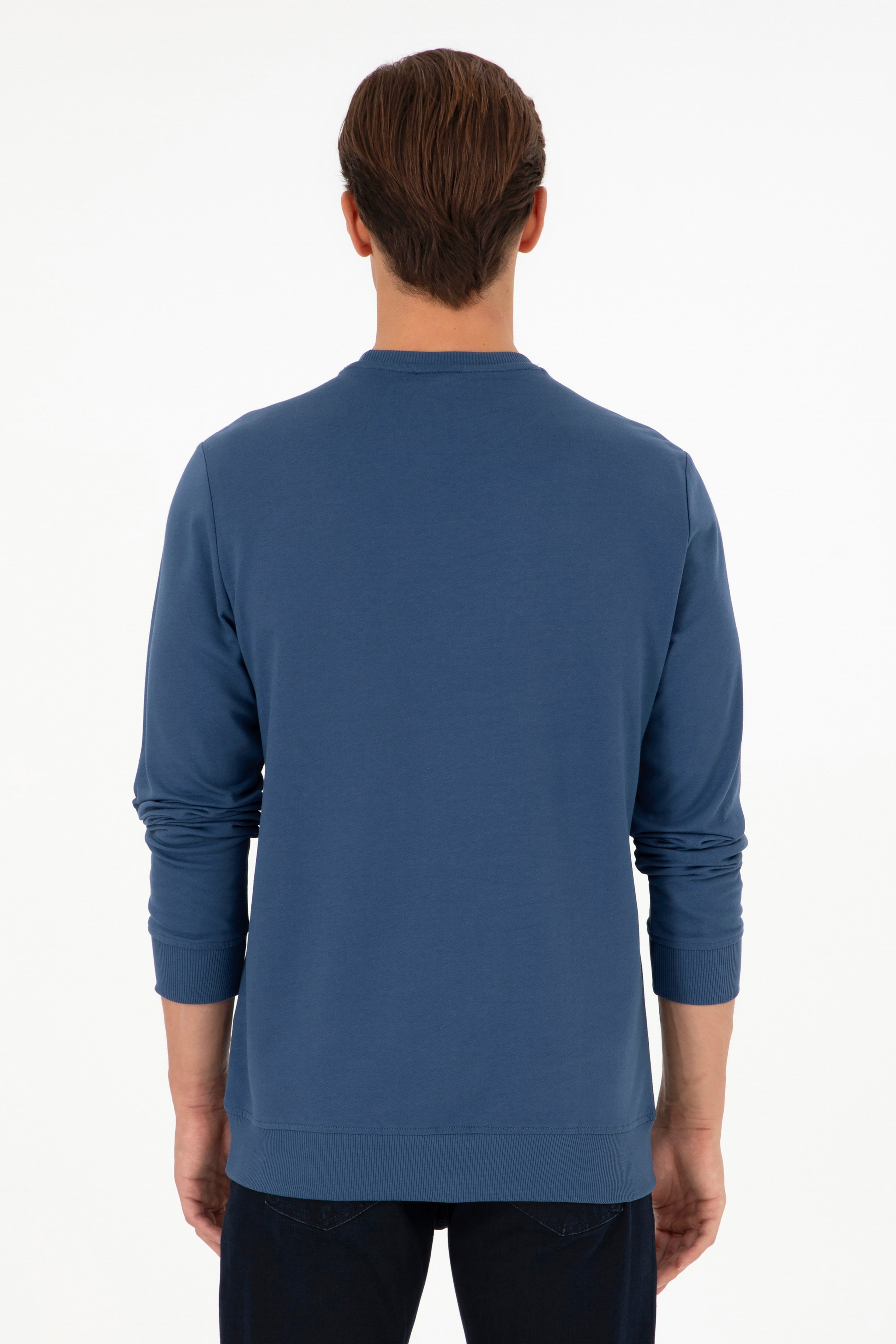 Erkek Regular Fit Bisiklet Yaka İndigo Basic Sweatshirt