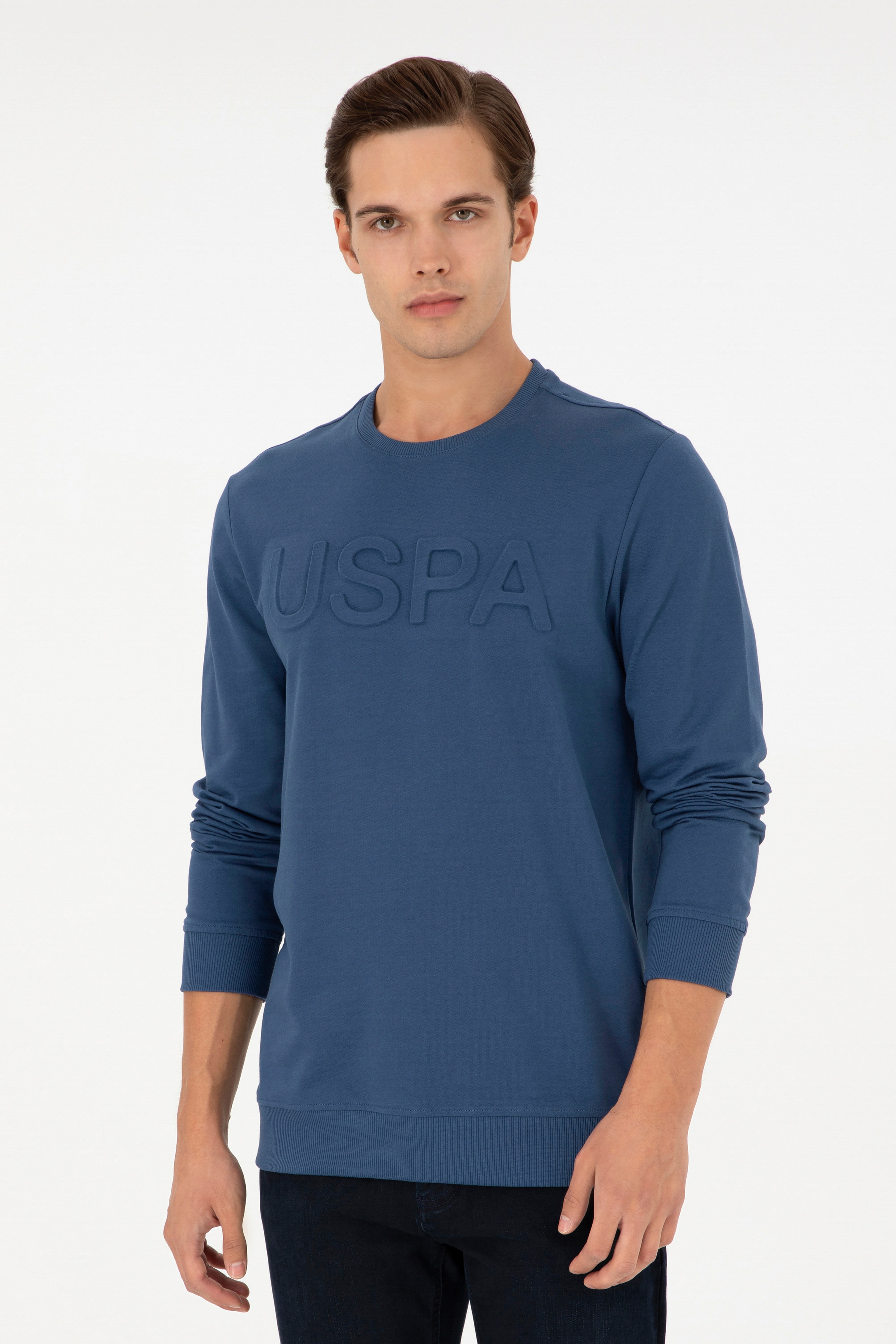 Erkek Regular Fit Bisiklet Yaka İndigo Basic Sweatshirt - Image 1