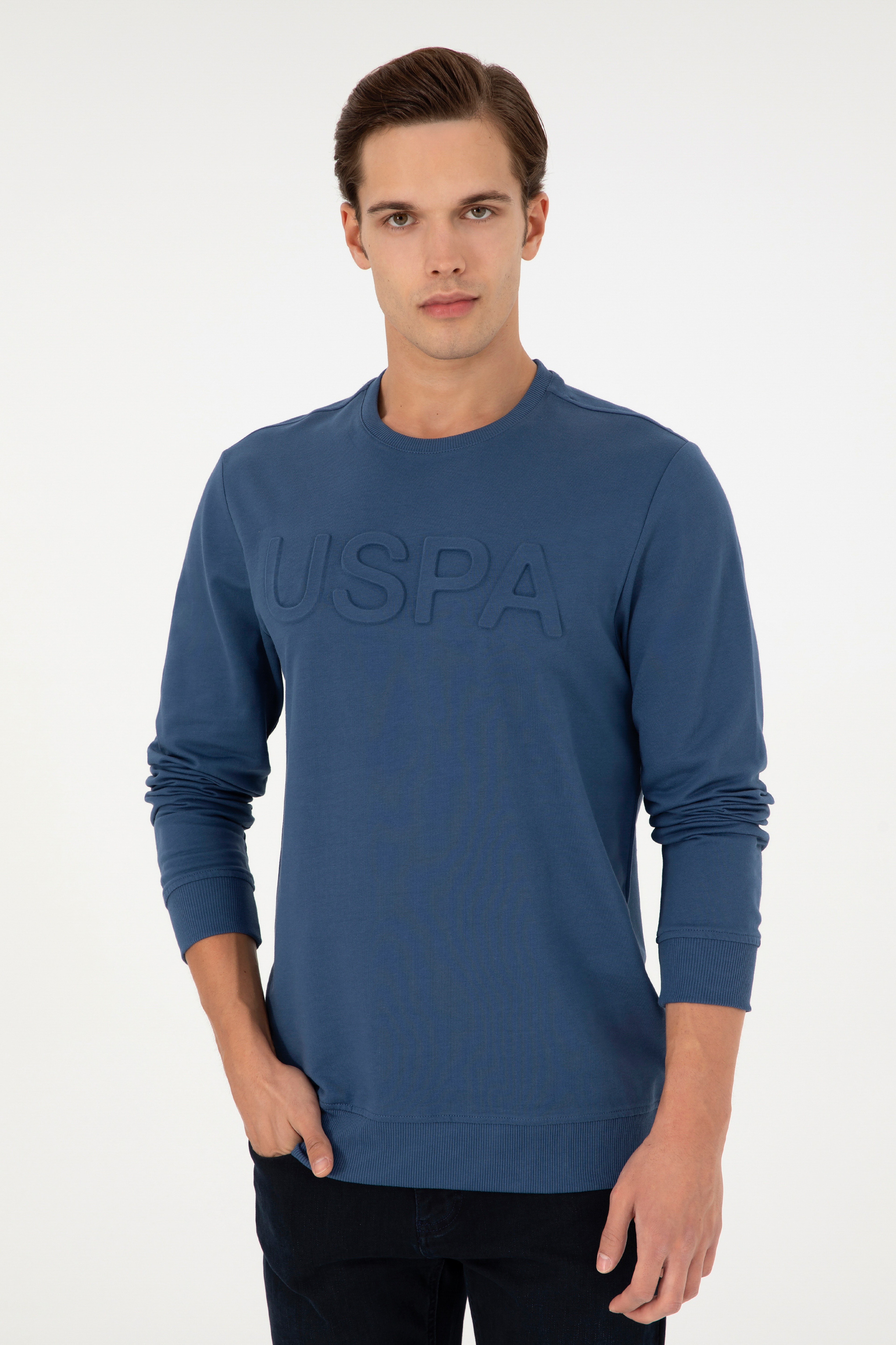 Erkek Regular Fit Bisiklet Yaka İndigo Basic Sweatshirt - Image 3
