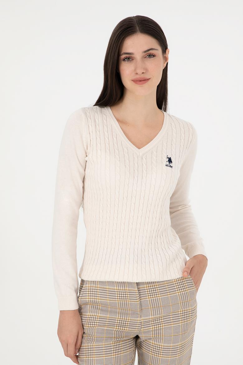 Kadın Krem Basic V Yaka Kazak - 50289486011