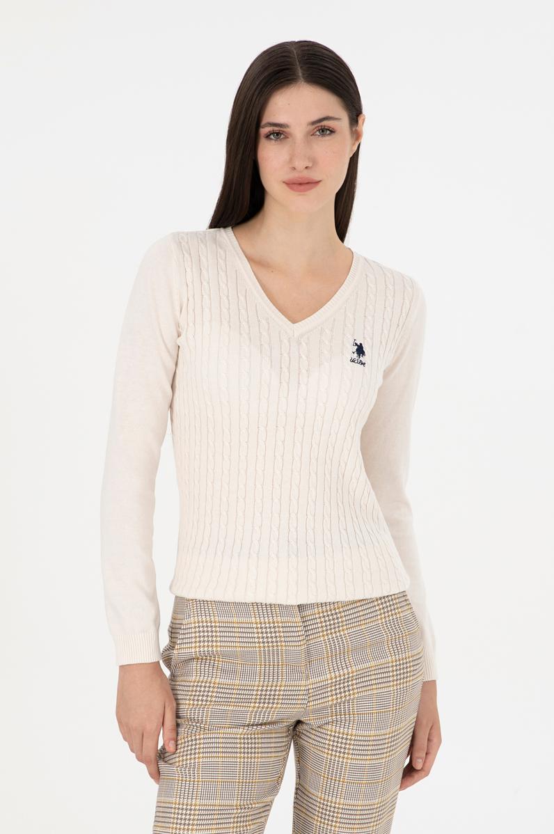 Kadın Krem Basic V Yaka Kazak