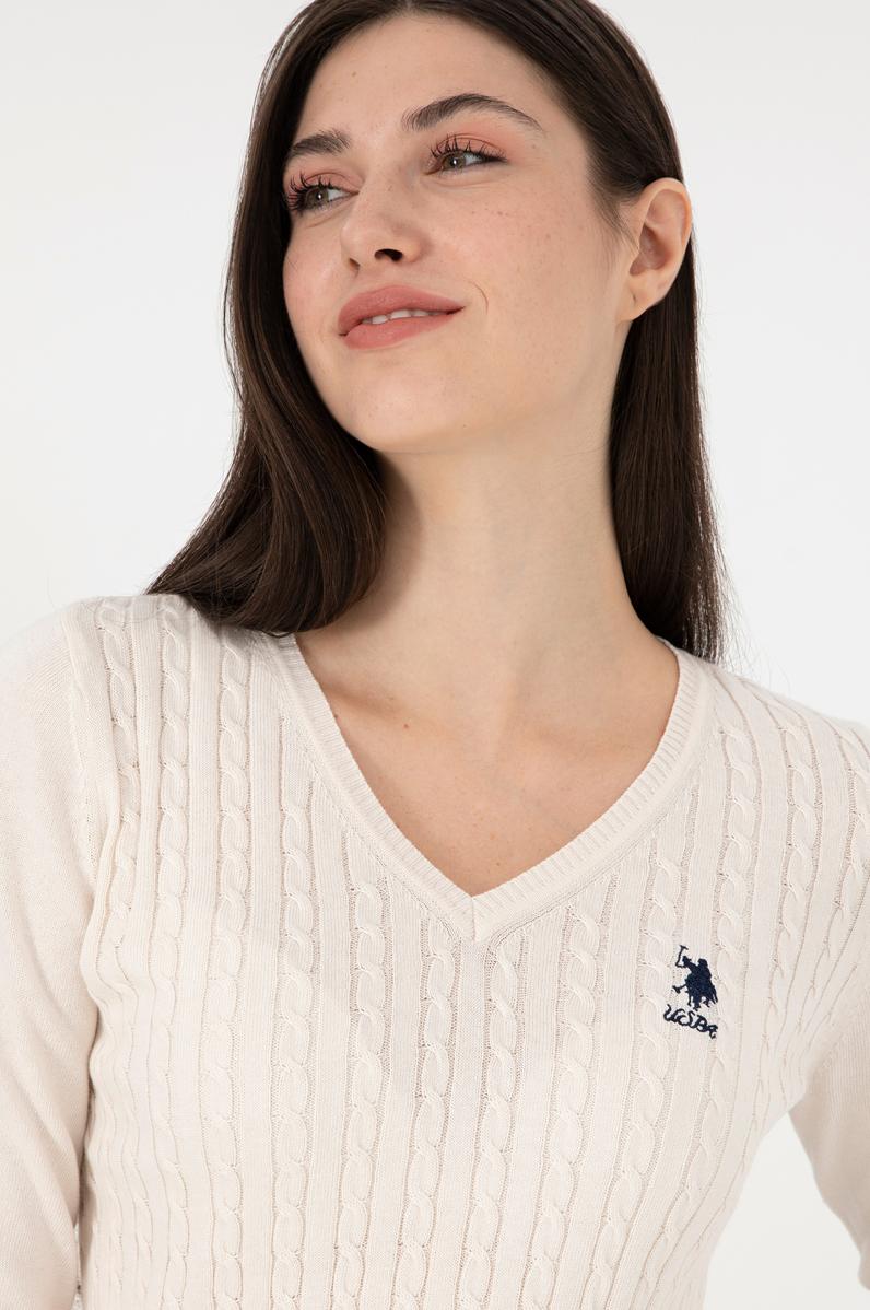 Kadın Krem Basic V Yaka Kazak