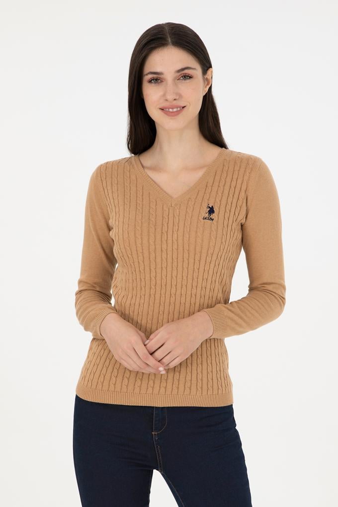 Kadın Krem Basic V Yaka Kazak