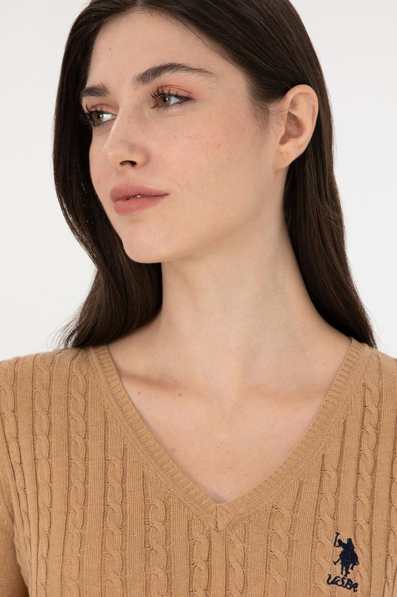 Kadın Krem Basic V Yaka Kazak