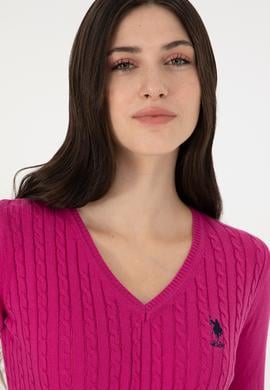 Kadın Fuşya V Yaka Basic Kazak - 50289486060