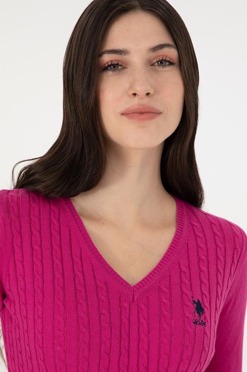 Kadın Fuşya V Yaka Basic Kazak