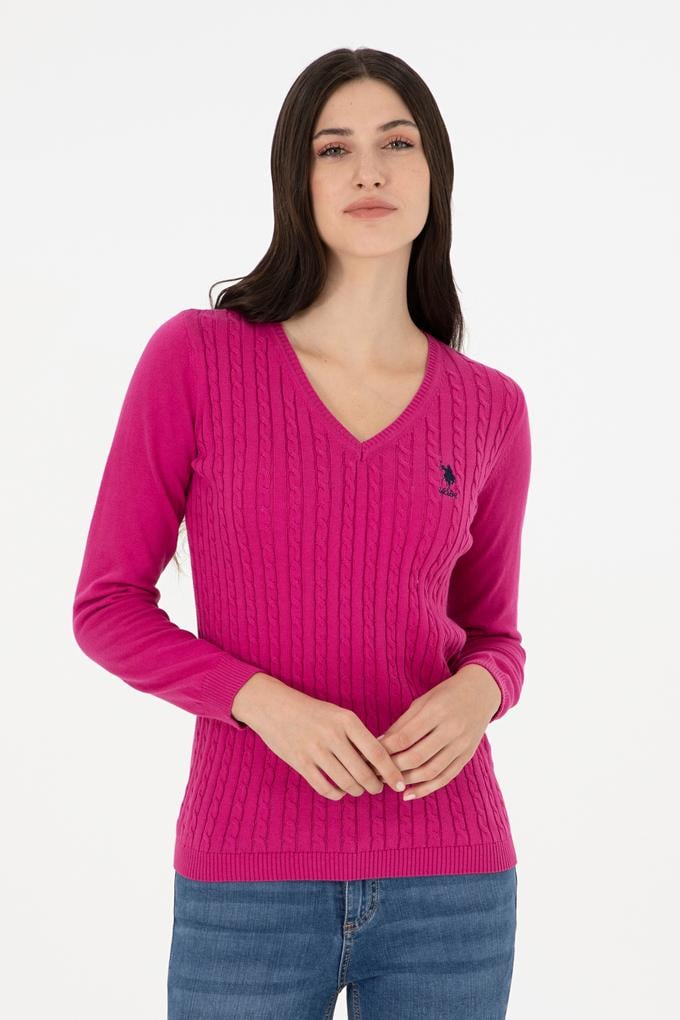 Kadın Fuşya V Yaka Basic Kazak