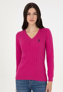 Kadın Fuşya V Yaka Basic Kazak - 50289486060