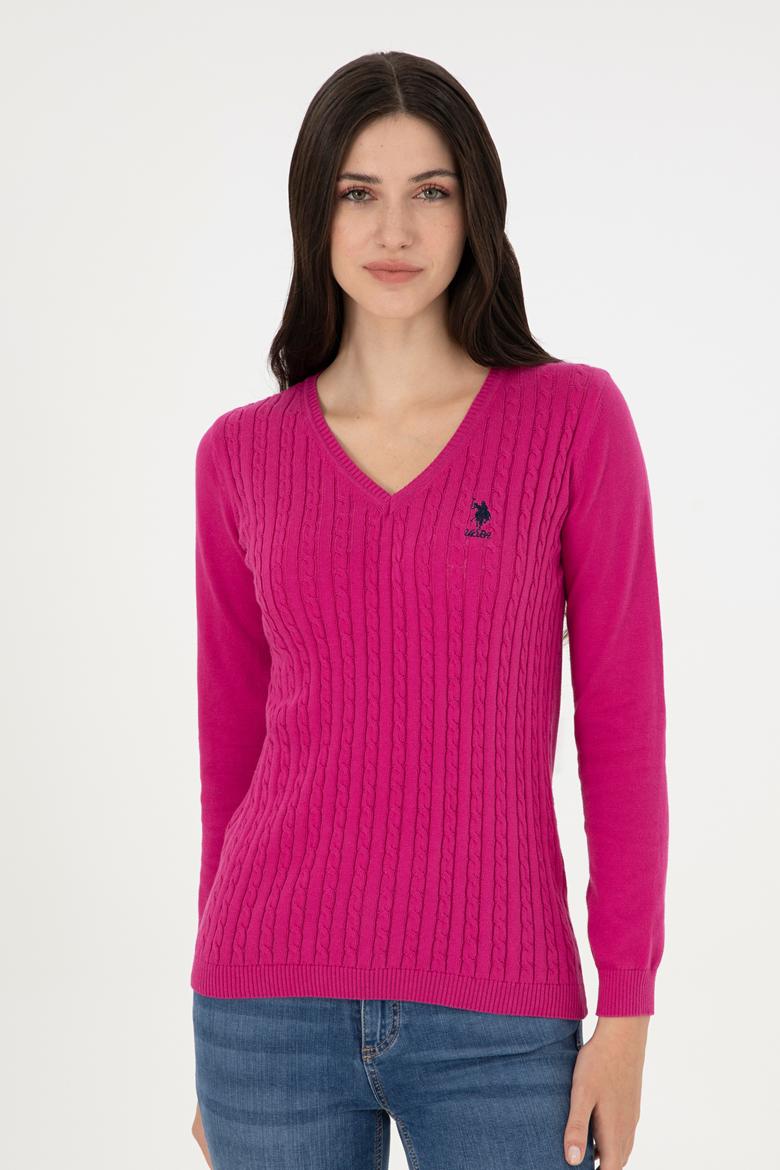 Kadın Fuşya V Yaka Basic Kazak - 50289486060