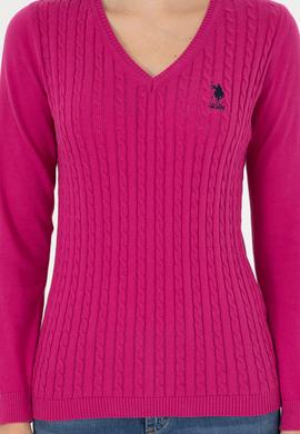 Kadın Fuşya V Yaka Basic Kazak - 50289486060
