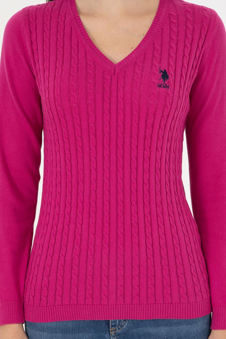Kadın Fuşya V Yaka Basic Kazak - 50289486060