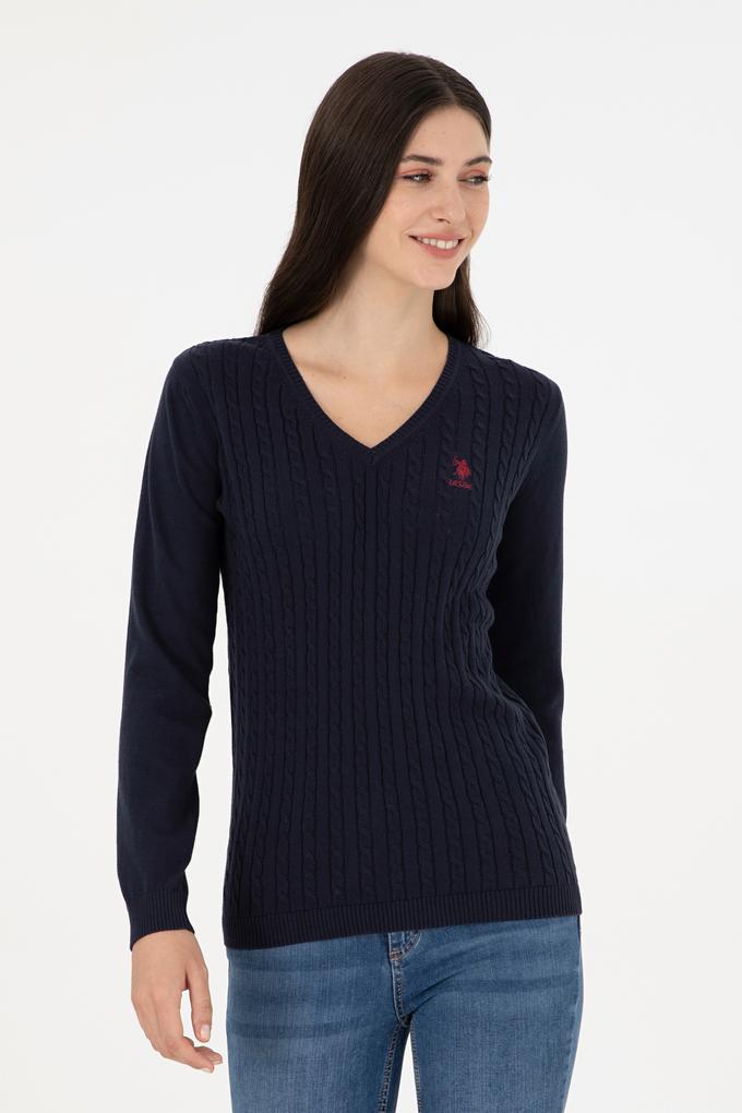 Kadın Lacivert Basic V Yaka Kazak