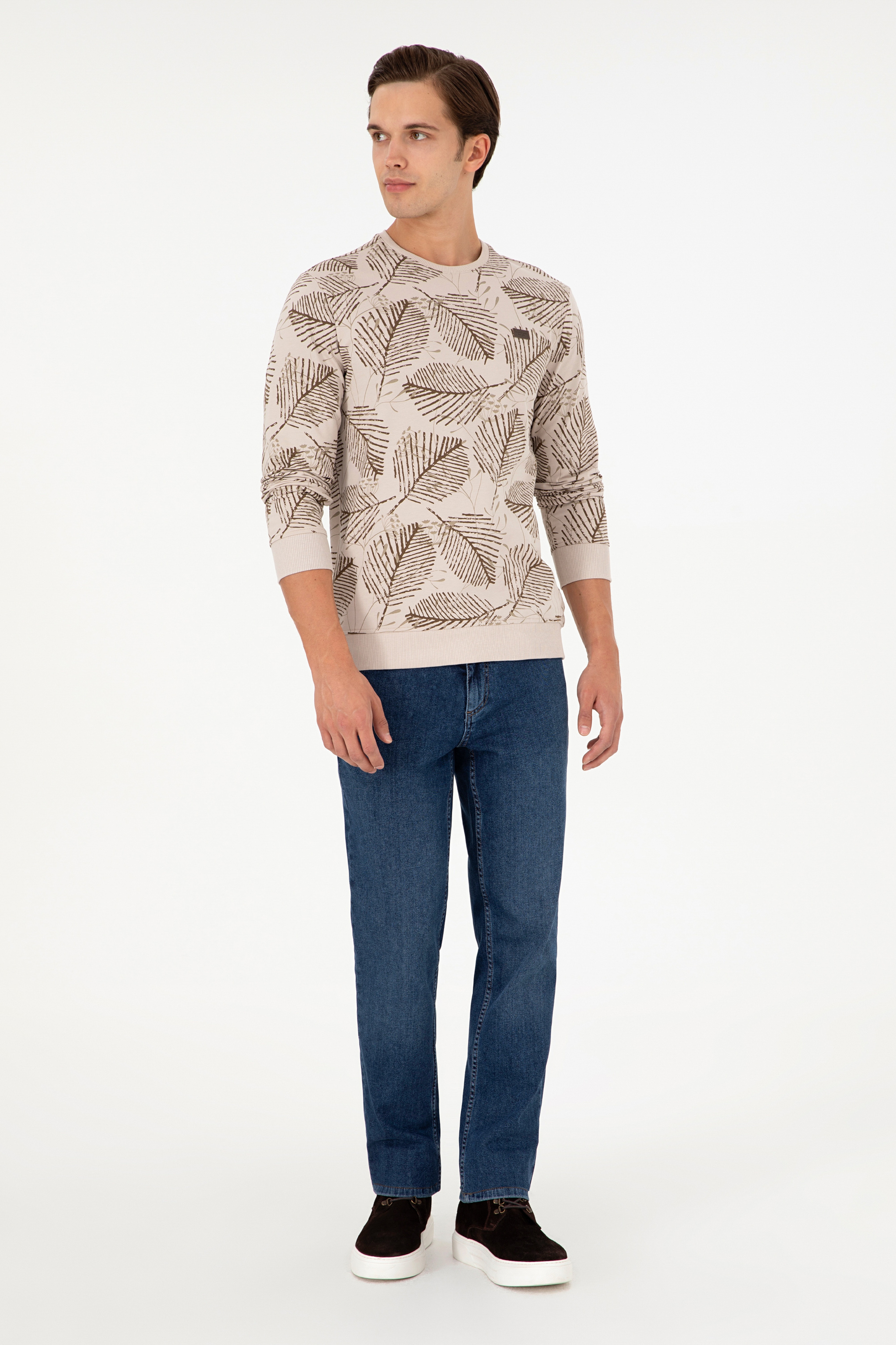 Erkek Regular Fit Bisiklet Yaka Camel Sweatshirt
