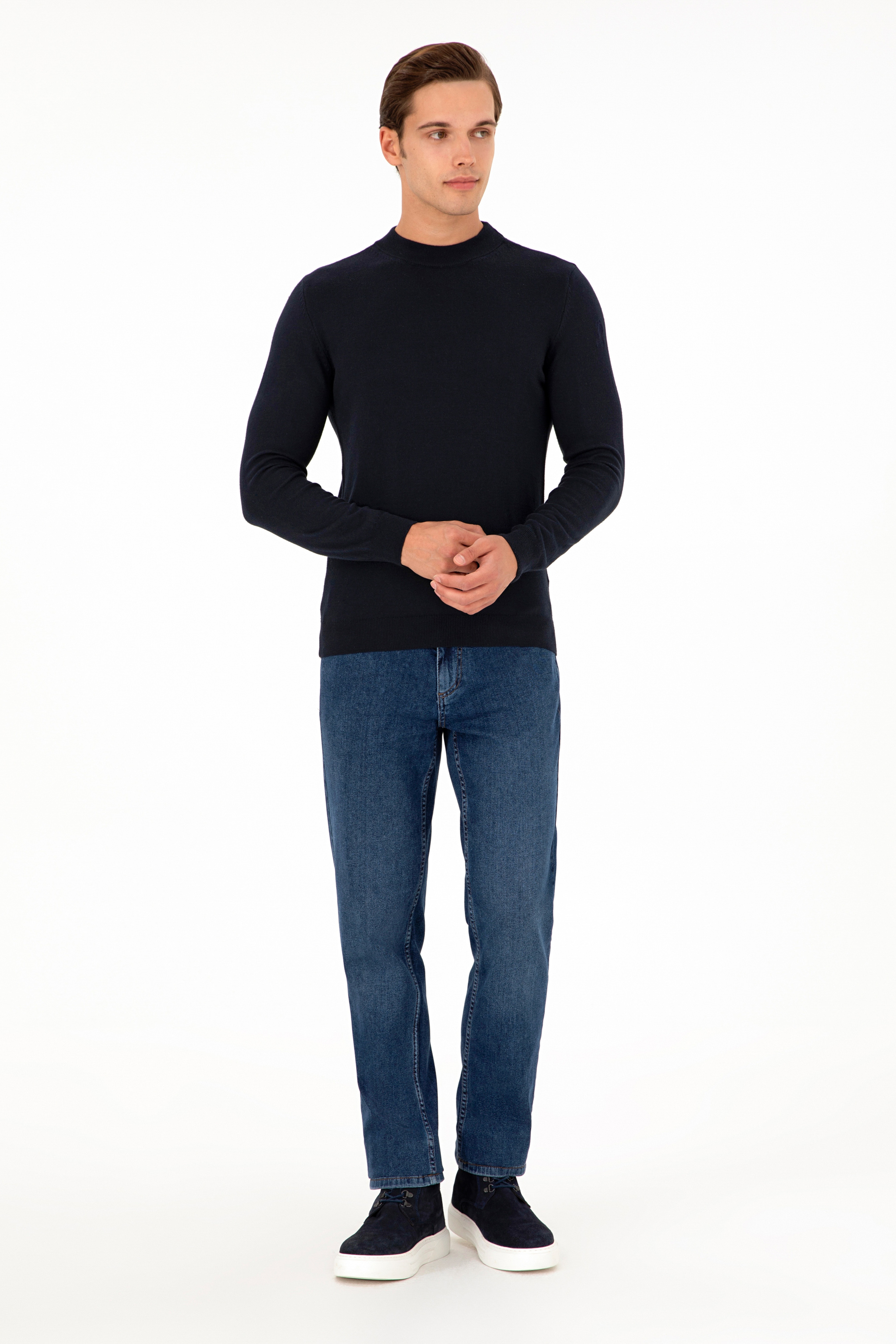 Erkek Slim Fit Çeyrek Balıkçı Yaka Lacivert Basic Triko Kazak