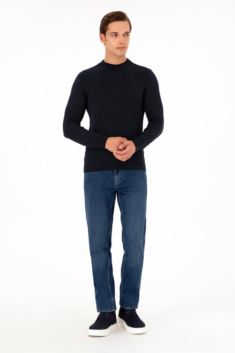 Erkek Slim Fit Çeyrek Balıkçı Yaka Lacivert Basic Triko Kazak - 50298201029