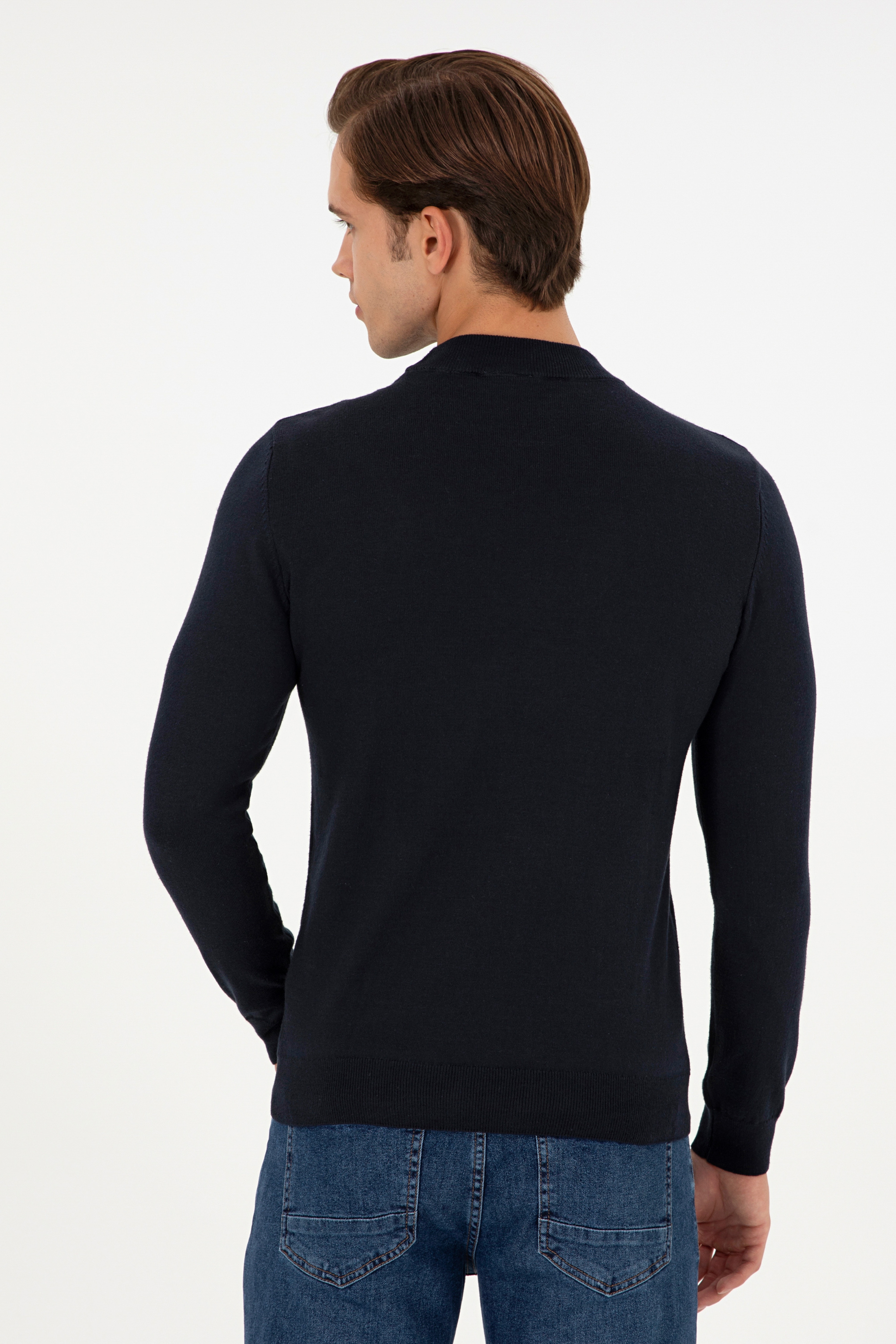 Erkek Slim Fit Çeyrek Balıkçı Yaka Lacivert Basic Triko Kazak