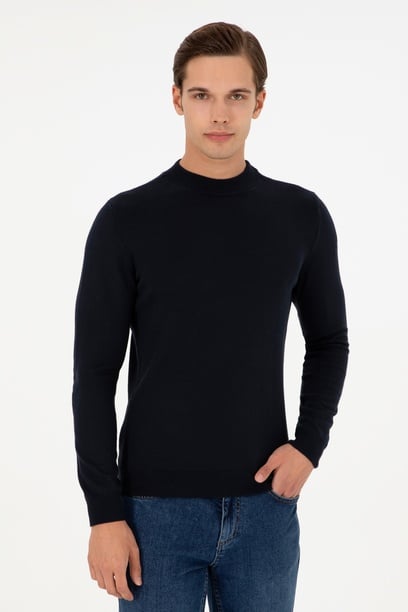 Erkek Slim Fit Çeyrek Balıkçı Yaka Lacivert Basic Triko Kazak
