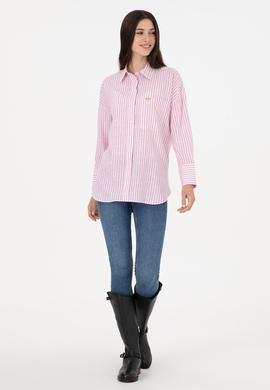 Kadın Pembe Uzun Kollu Çizgili Gömlek - 50297836002
