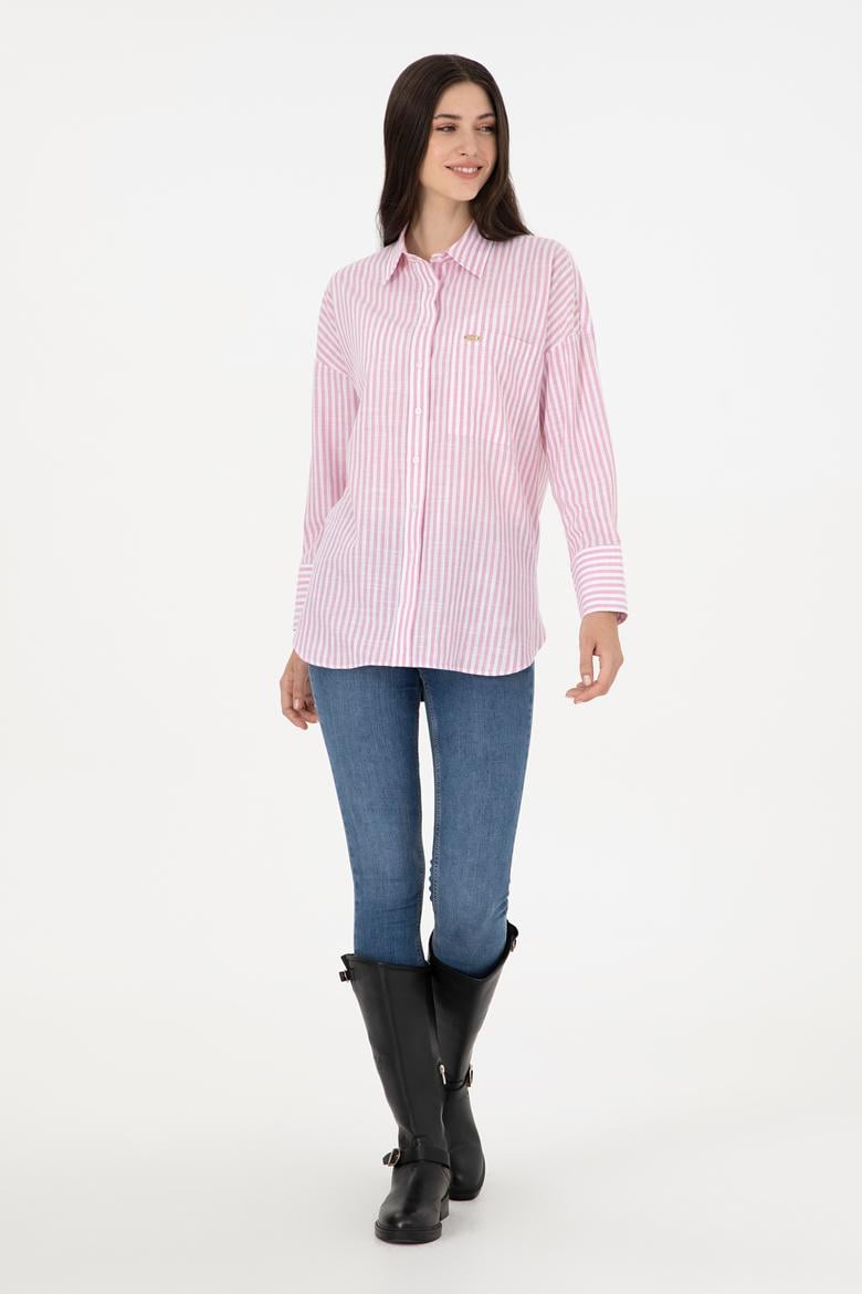 Kadın Pembe Uzun Kollu Çizgili Gömlek - 50297836002