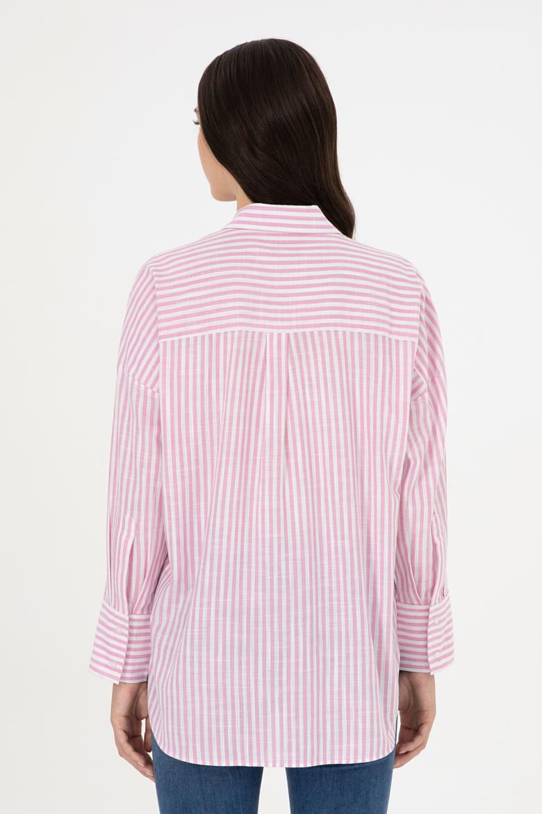 Kadın Pembe Uzun Kollu Çizgili Gömlek - 50297836002