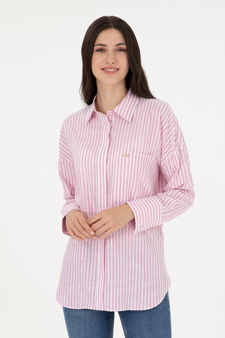 Kadın Pembe Uzun Kollu Çizgili Gömlek
