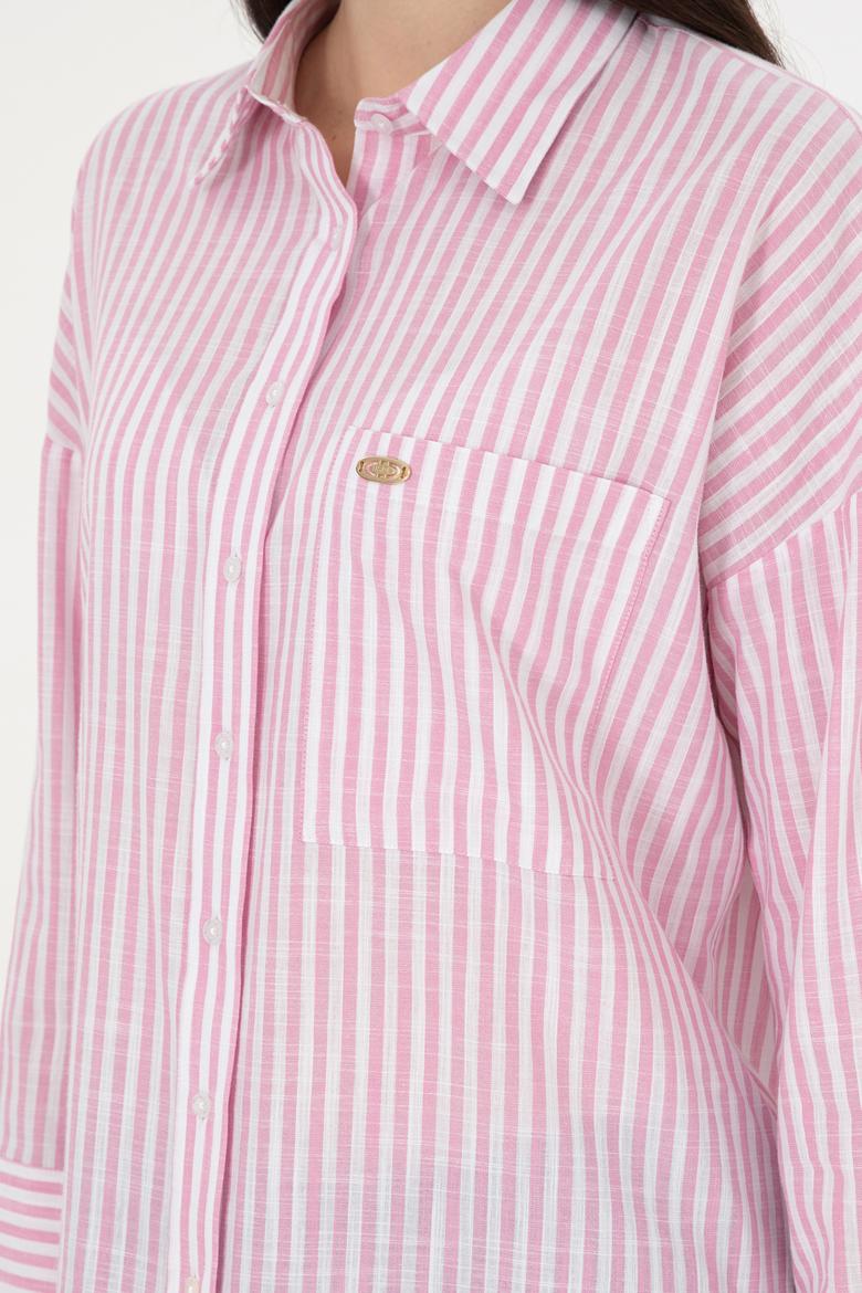 Kadın Pembe Uzun Kollu Çizgili Gömlek - 50297836002