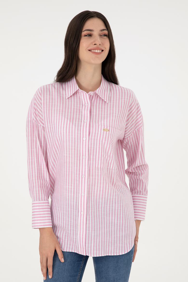 Kadın Pembe Uzun Kollu Çizgili Gömlek - 50297836002