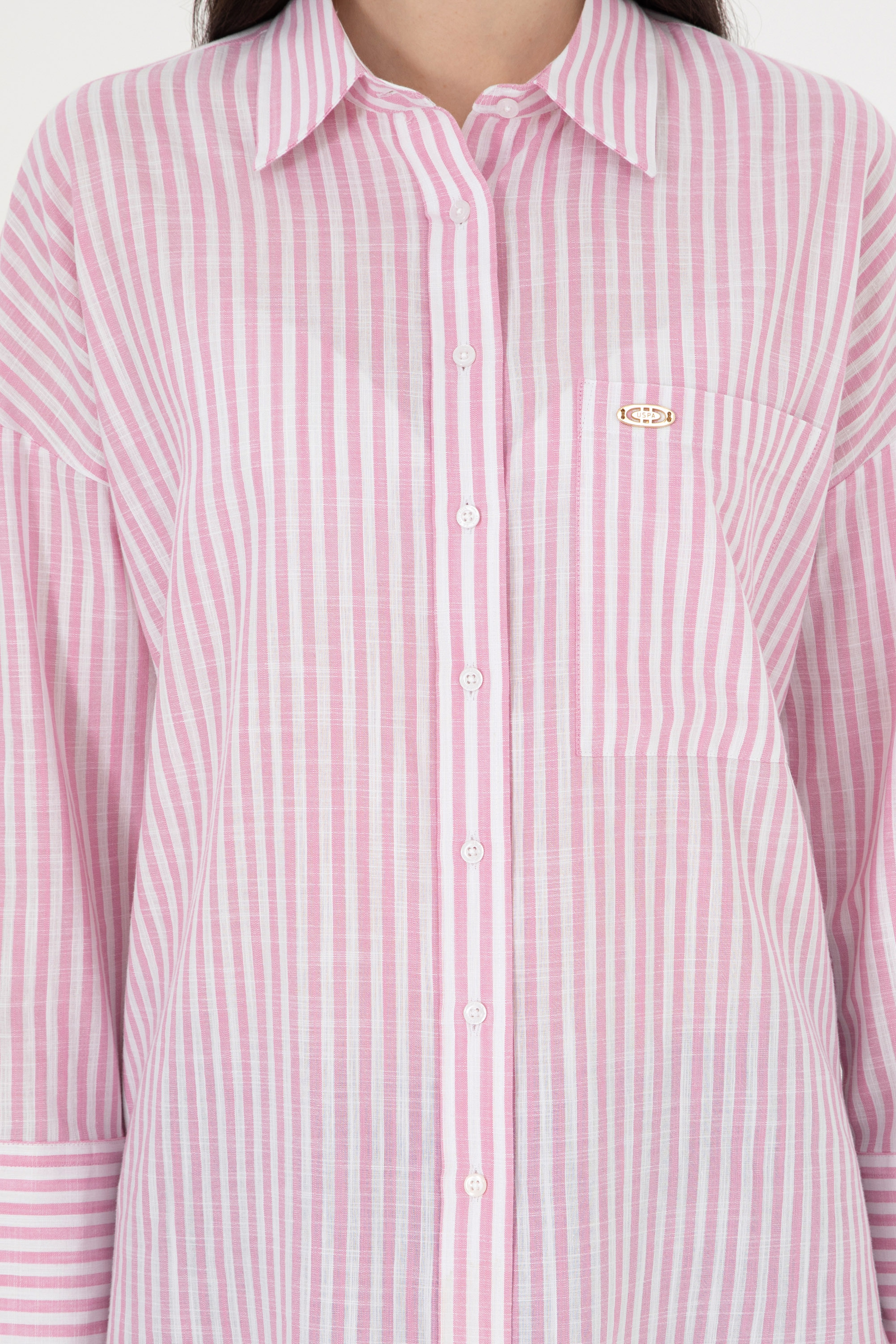 Kadın Pembe Uzun Kollu Çizgili Gömlek - Image 6